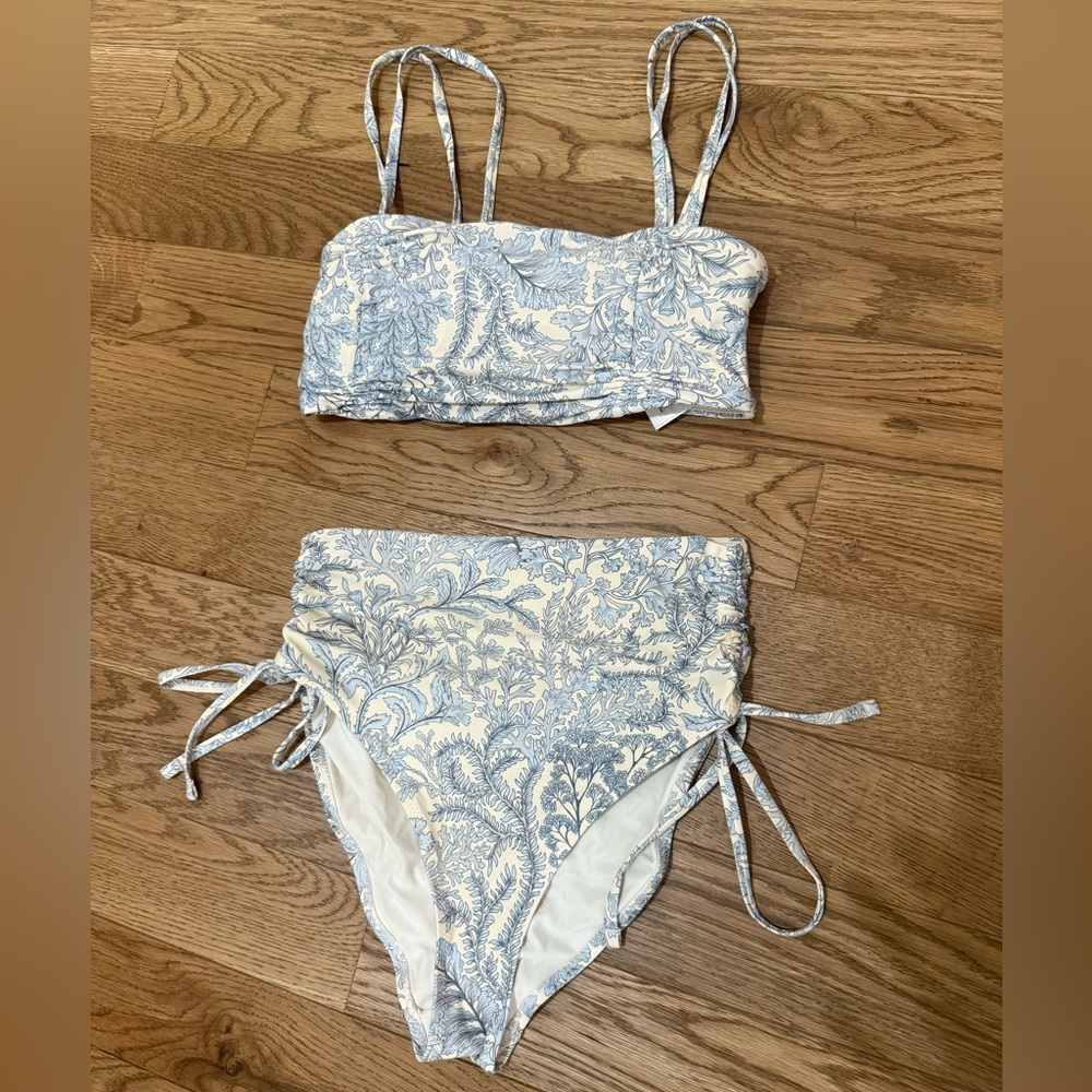 Blue and white high waist bathing suit